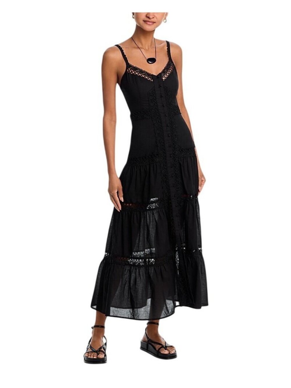 NWT Aqua Womens Cotton Lace Inset Midi Dress DI9188BL Black XS
